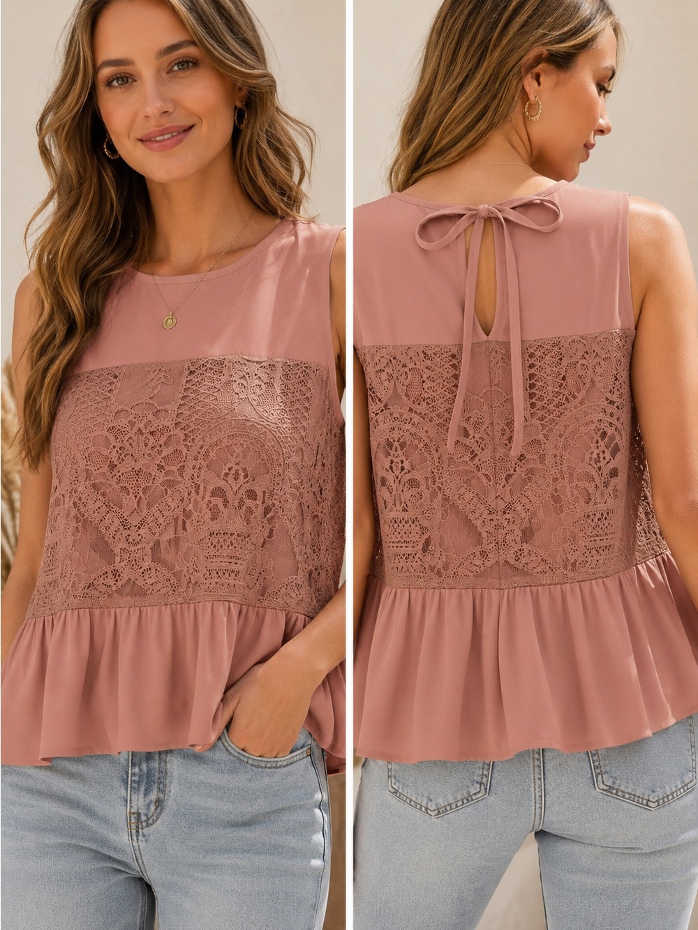 WAYF Lace-Inset Peplum Tank- Dusty Rose